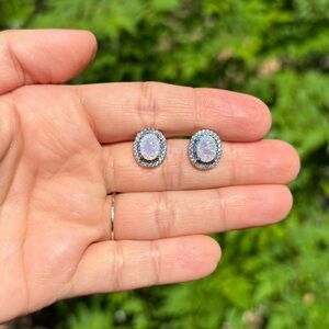 18K White Gold Plated Stainless Steel Diamond Studs with Opal Stone Earrings